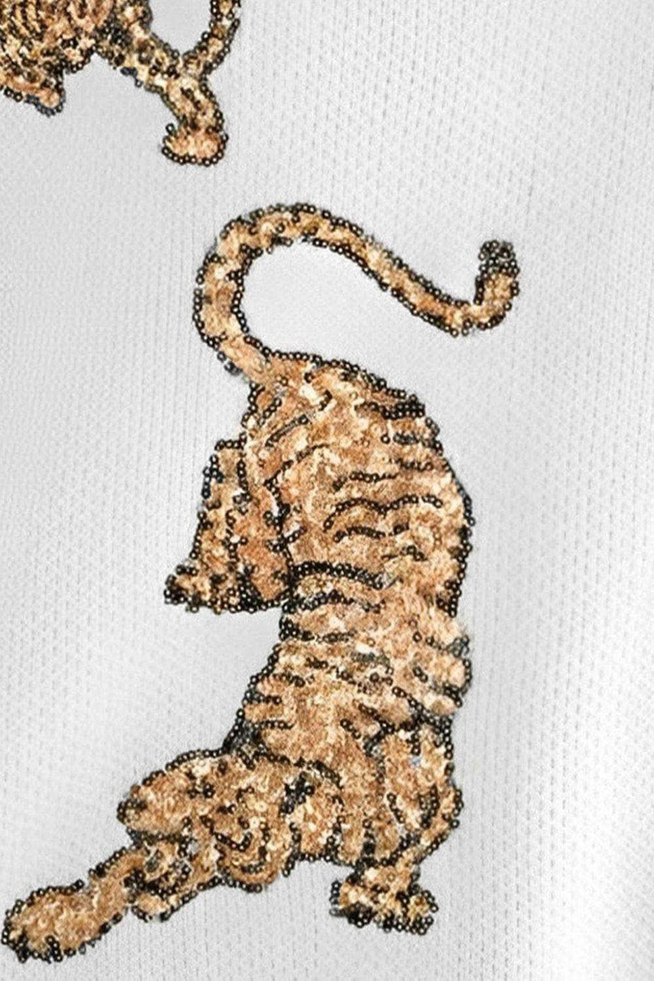 Tiger Sequin Raw Hem Dropped Shoulder Sweater - SwagglyLife Home & Fashion